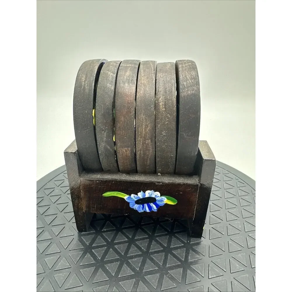Hand Painted Lacquered Wood Coasters Hand Painter with Caddy Set Of 6